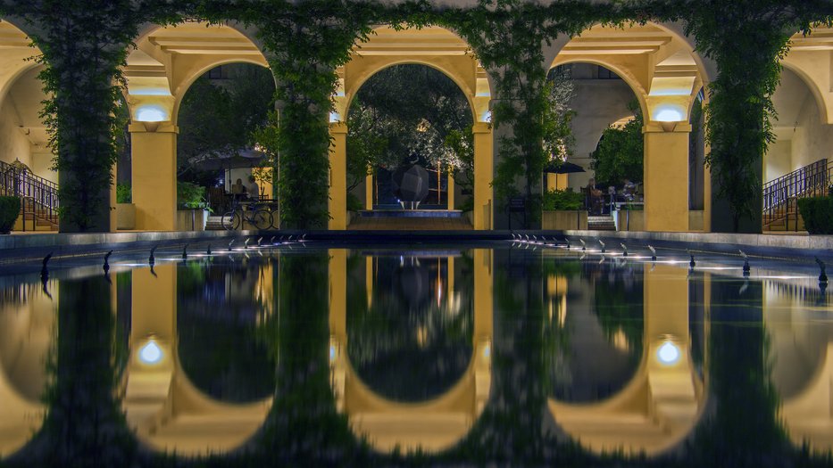 Reflection of Beckman Institute's Gene Pool at night