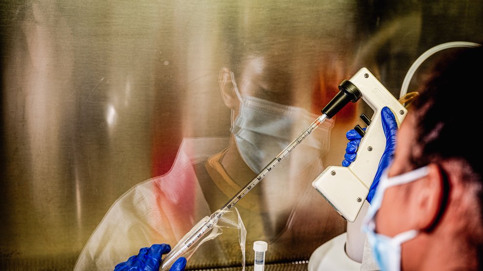 Student in bio lab using a pipette.
