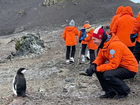 Man kneels to interact with penguin in Antarctica