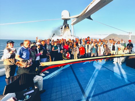 Travelers on a boat in the Galápagos Islands