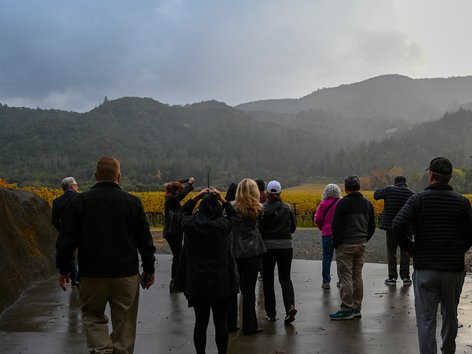 A group of travelers look over an autumn landscape at a vineyard
