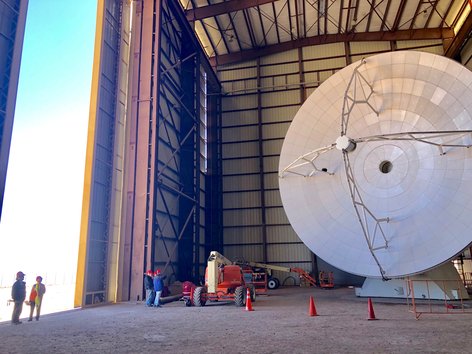 A radio telescope in a hangar