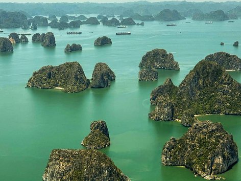 Aerial view of Ha Long Bay in Vietnam taken during a seaplane flight