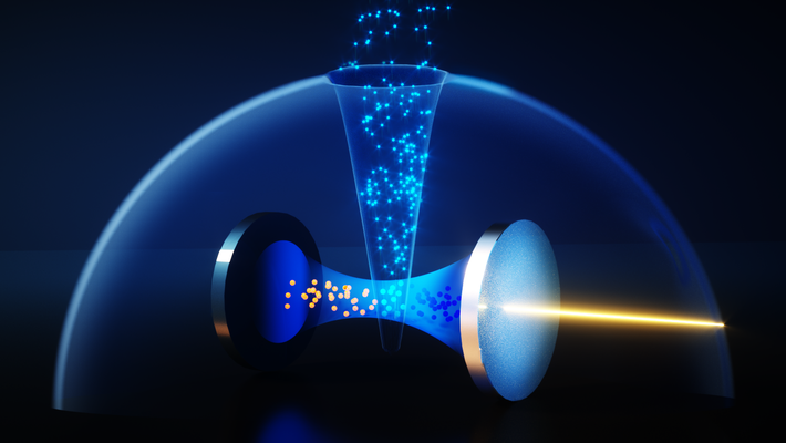 Artist's visualization of a laser striking atoms in an optical cavity