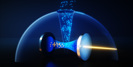 Artist's visualization of a laser striking atoms in an optical cavity