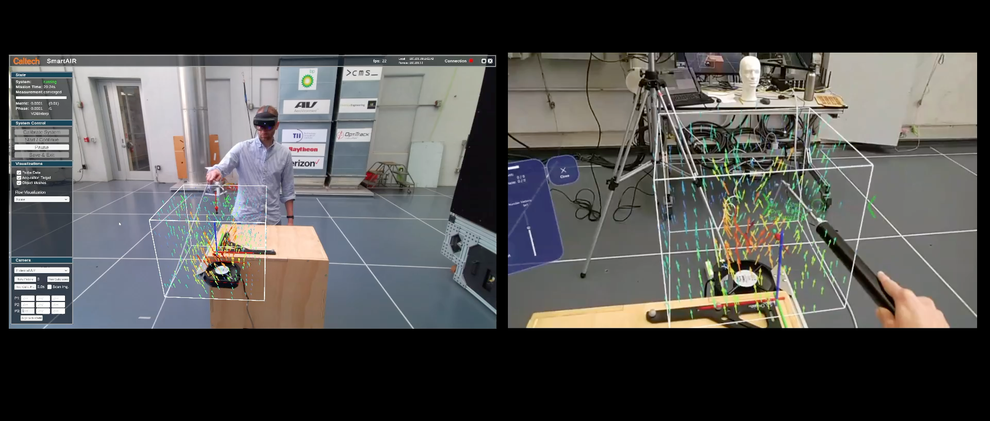 Left: Julian Humml using the AR/ML system and wearing the AR headset. Right: Humml's view while wearing the headset, visualizing the airflow