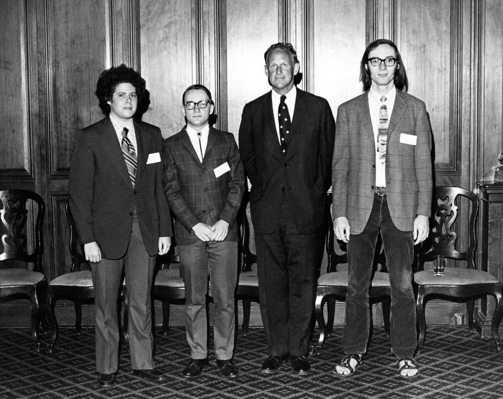 Caltech's 1971 William Lowell Putnam Mathematical Competition winners, from left: Bruce Reznick, Michael Yoder (BS, MS '74, PhD '78), George Putnam (Putnam Fund trustee), and David Smith (BS '72, MS '74)