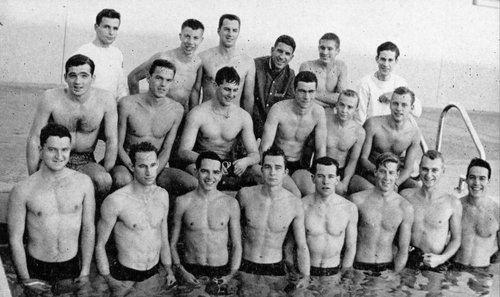 Bill Davis appears in the first row, second from left, in this 1956 Big T photo of the Caltech Varsity Swim Team.