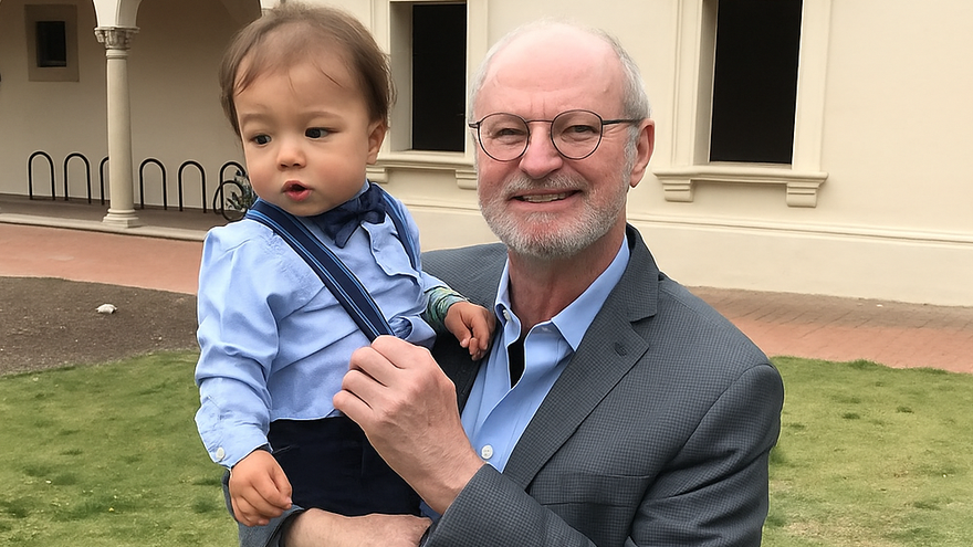 Robert Grubbs on campus holding his grandson