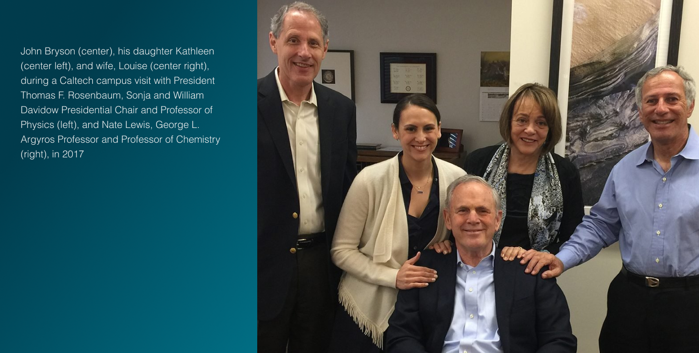 John Bryson, his daughter Kathleen (center left), and wife, Louise (center right) visit with President Thomas F. Rosenbaum and Nate Lewis.
