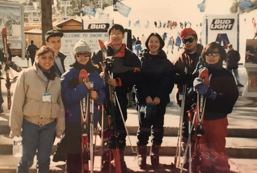 Club ski trip to Snow Summit, 1996 (from left): Tianxin Chen, Marc Riedel, Jin Yu, Charles Fan, Ah-san Wang, Guanghua Gao, Fang Wang