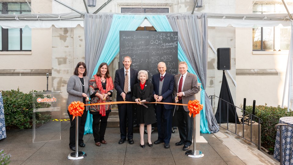 Ribbon cutting with Fiona Harrison, Elena Mantovan, President Thomas F. Rosenbaum, Maxine Linde,  Ronald Linde, and Provost David Tirrell,