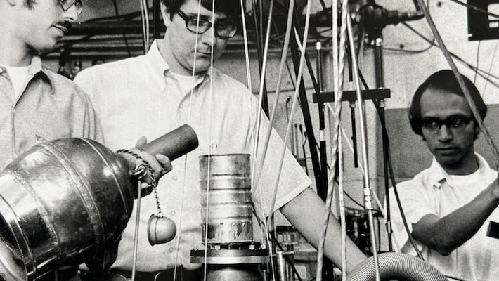 From left: Postdocs Jeffrey S Schweitzer, Bryon D Anderson, and Nat Dwarakanath in the Kellogg Radiation Laboratory