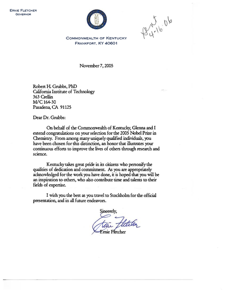 Congratulatory letter on winning a Nobel Prize