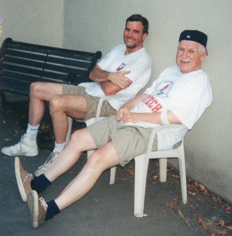 Gordon Treweek (MS ʼ71, PhD ʼ75; left) relaxes with mentor, thesis adviser, and teammate Jim Morgan after a session of "old-school" backyard basketball.