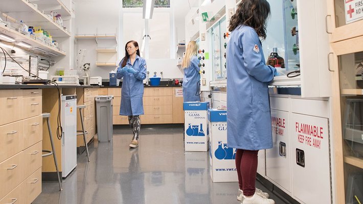 Graduate students Grace Wang (right) and Gracie Zhang (left) work in the laboratory of Alison Ondrus (center), assistant professor of chemistry and a member of Caltech's biochemistry and molecular biophysics program.