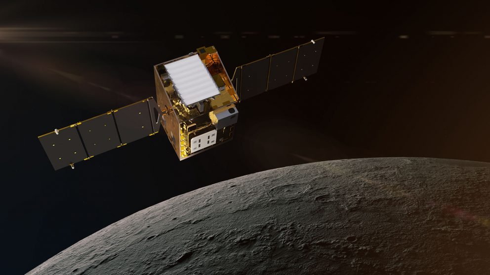 Rendering of the computer-aided design model of the Lunar Trailblazer flight system in its lunar science observing orbit