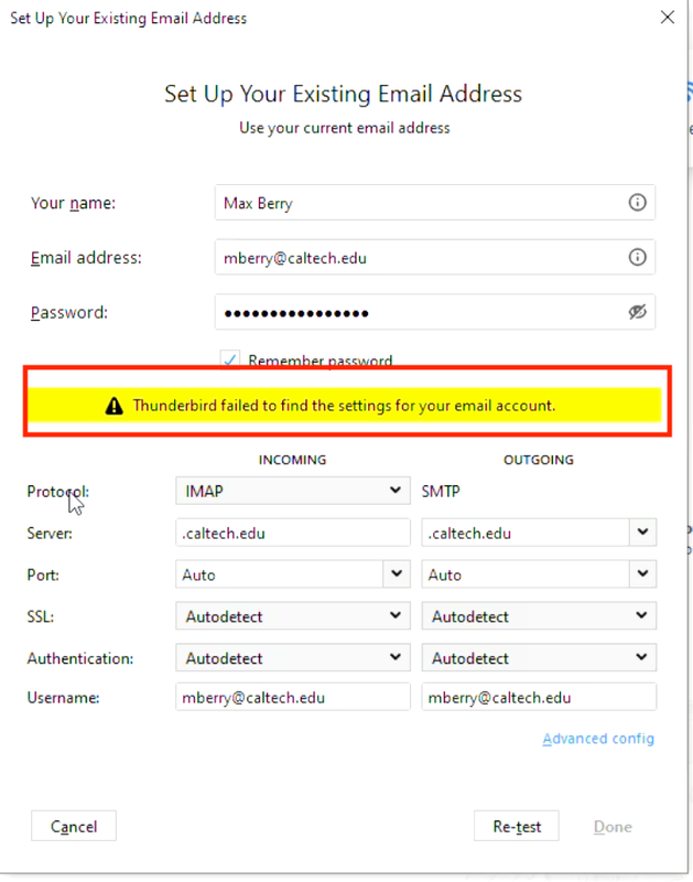 Thunderbird auto config error message