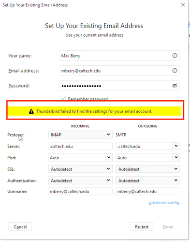Thunderbird auto config error message