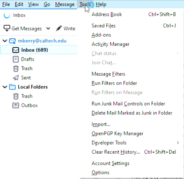 thunderbird tools options