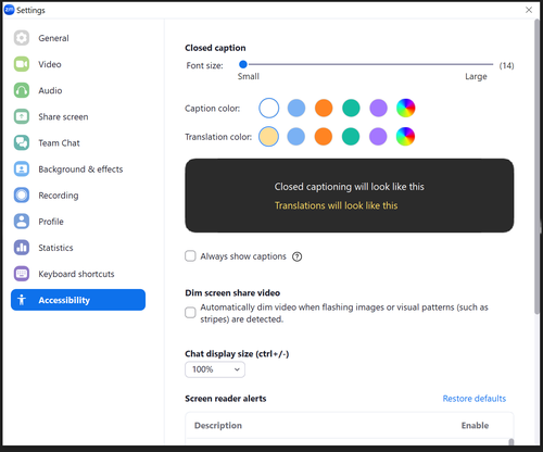 Zoom Accessibility Settings