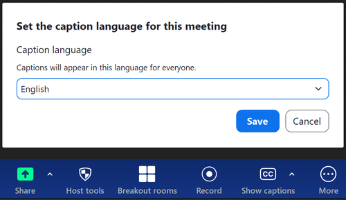 Zoom caption language settings