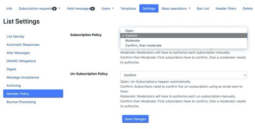 Mailman3 subscription policy