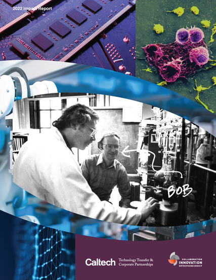 A blue, green, and purple brochure cover with a candid, black-and-white photo of two men in a lab