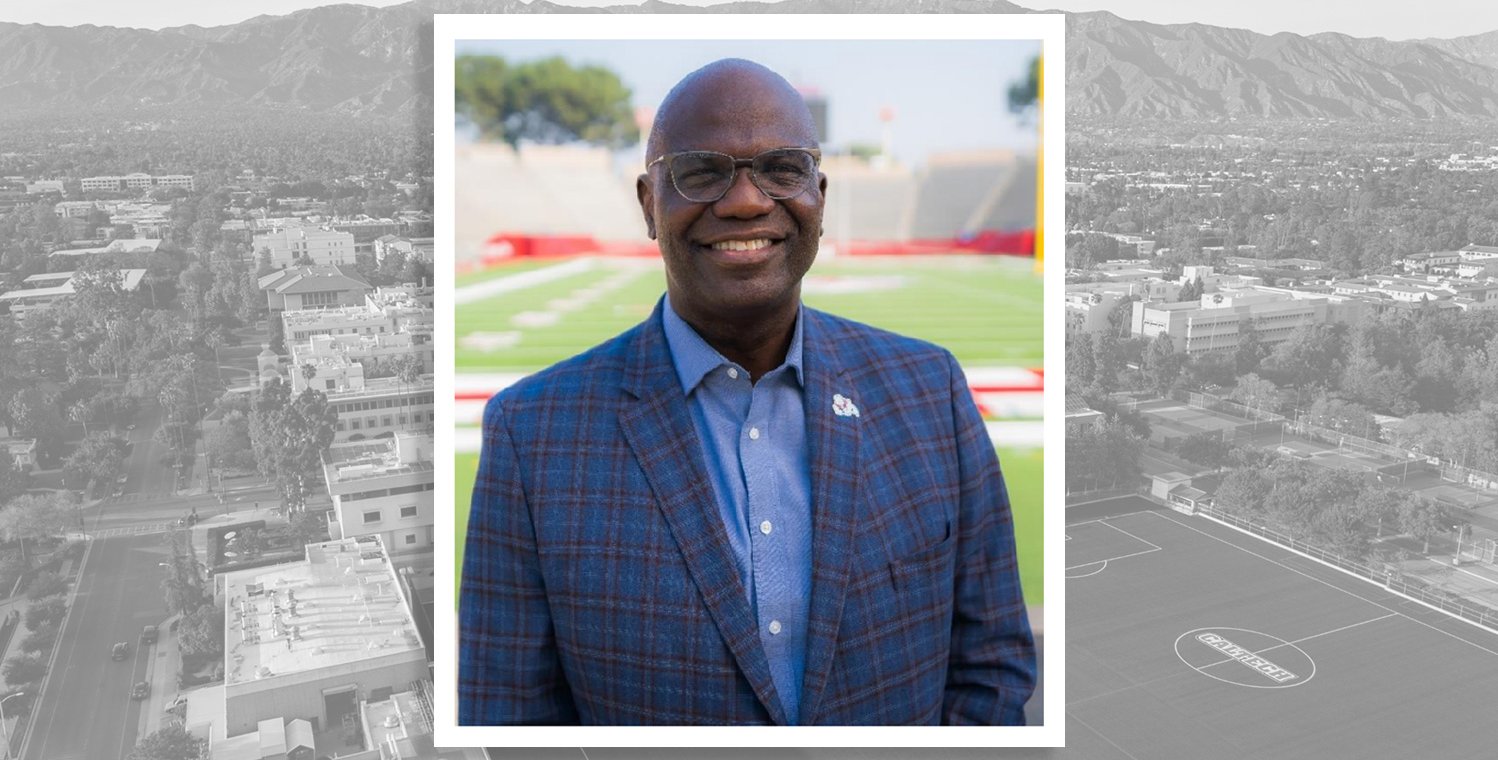 A headshot of Terrance Tumey superimposed on a black and white view of a Caltech athletics field
