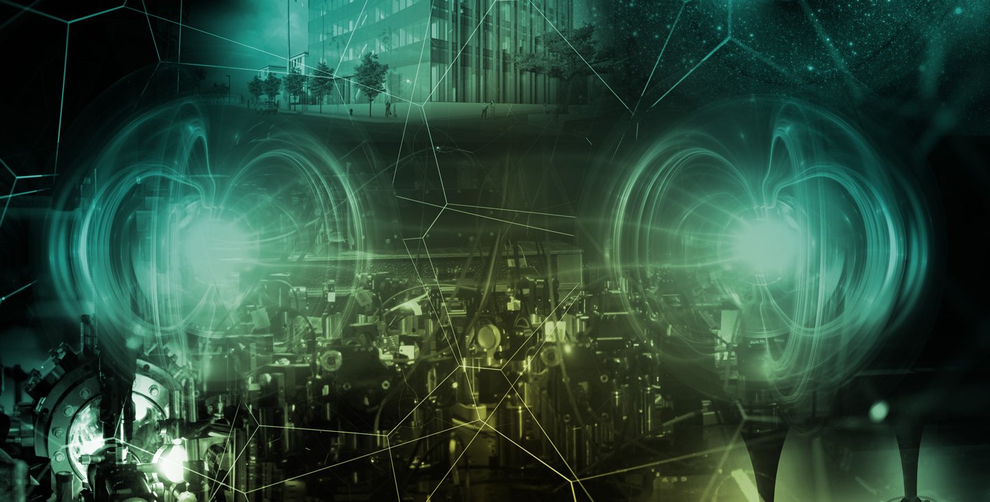 A duotoned green montage includes quantum physics experimental equipment, images related to fundamental physics and astrophysics, and a preliminary building concept.