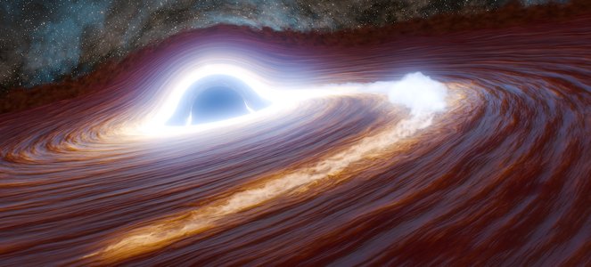 A black hole surrounded by debris is depicted garbling a star that has been shredded and appears as bright light swirling into the black hole.