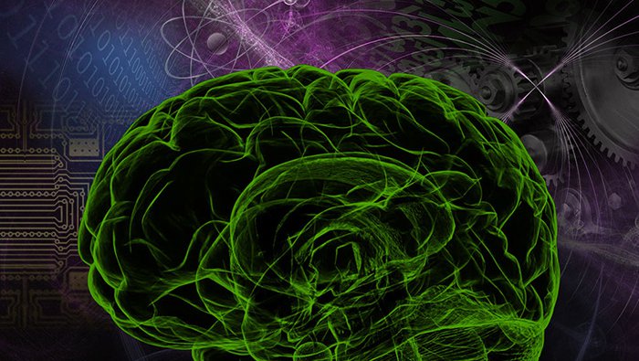An artist's rendering of a human brain in front of a background of scientific imagery