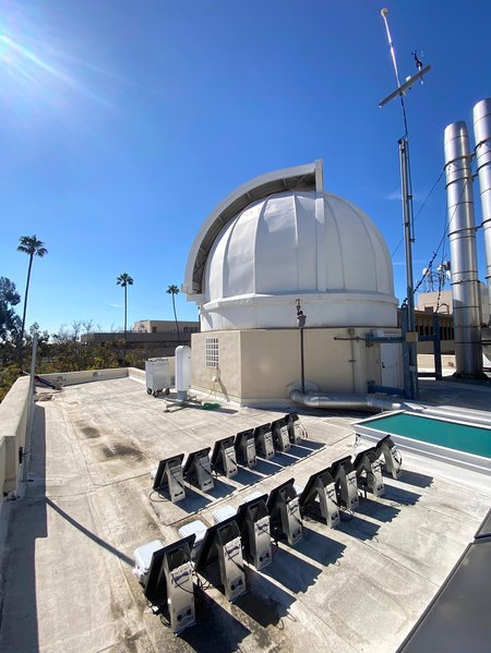 An array of sensors positioned on the roof of the Linde Center for Global Environmental Science.