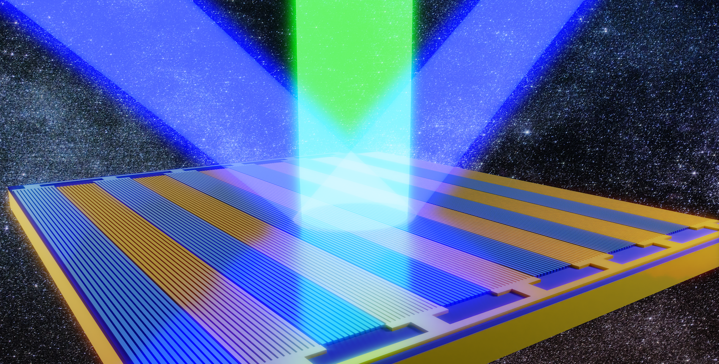 An artistic rendering of a striped metasurface with green light representing the incident beam and two beams of blue light coming off representing light of different frequencies. There is a space-like background.