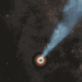 Animation of two black holes orbiting each other, one of which has a jet.