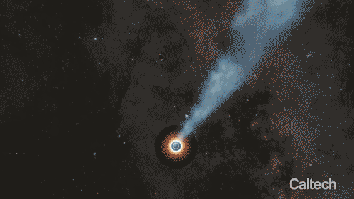 Animation of two black holes orbiting each other, one of which has a jet.