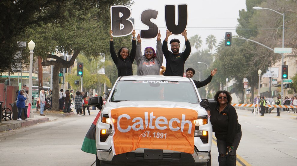 Caltech students and staff alongside their float in the Pasadena Black History Month parade