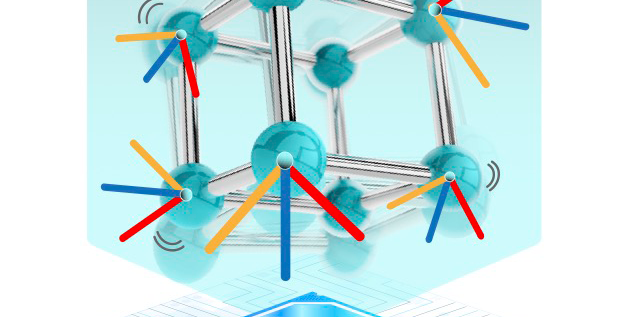 a conceptual image showing vibrating atoms in a crystal drawn with three axes representing tensor learning above a GPU chip