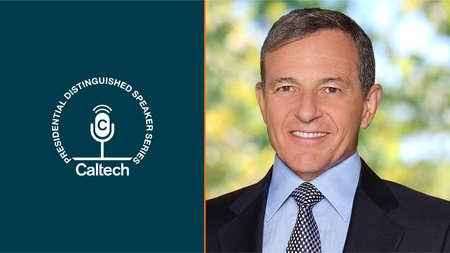 A head-and-shoulders shot of Disney CEO Bob Iger wearing a dark suit and tie next to the Presidential Distinguished Speaker Series logo against a blue background