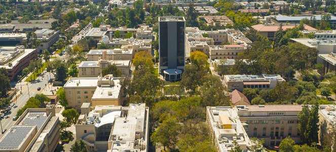 An aerial image of campus centered on Caltech Hall