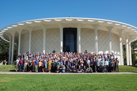 Members of the Cassini science team gather in front of Beckman Auditorium.