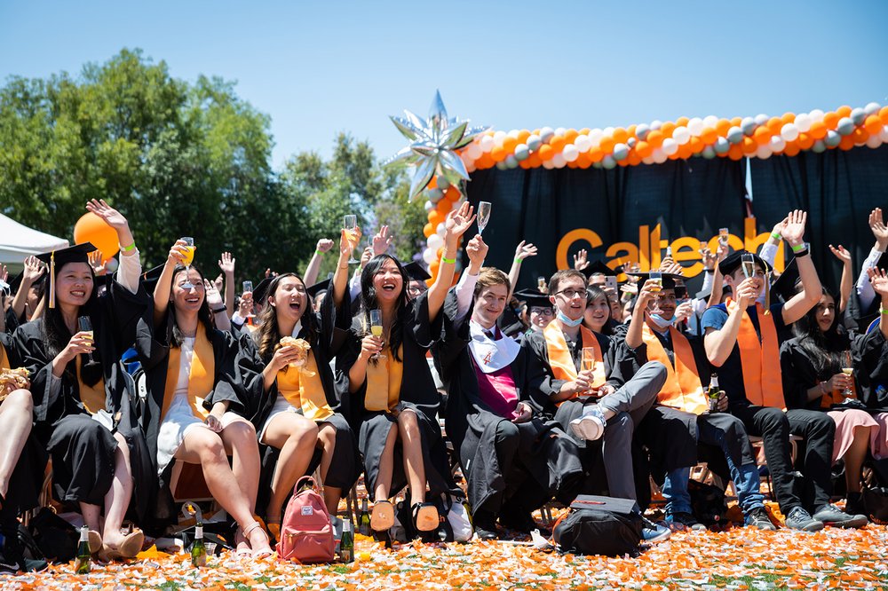 Students in black robes lifting glasses into the air