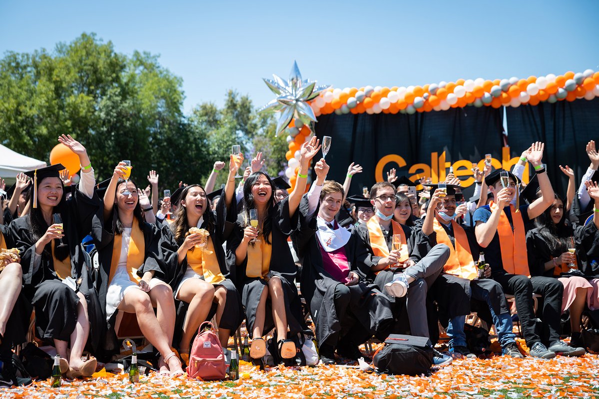 Students in black robes lifting glasses into the air