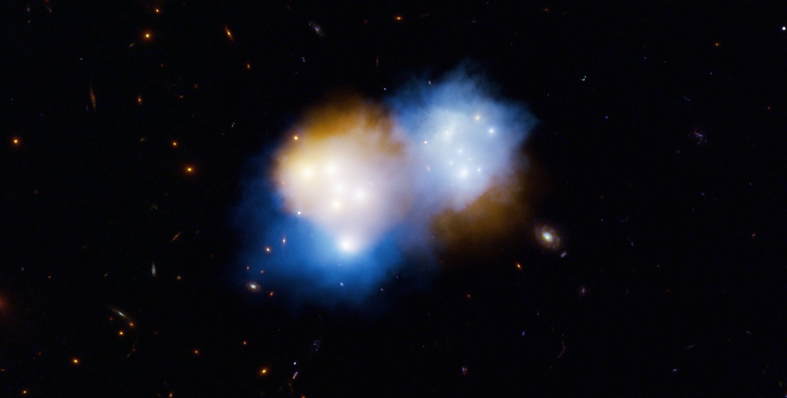 Artwork of a dark matter flying ahead of normal matter in galaxy cluster collision.