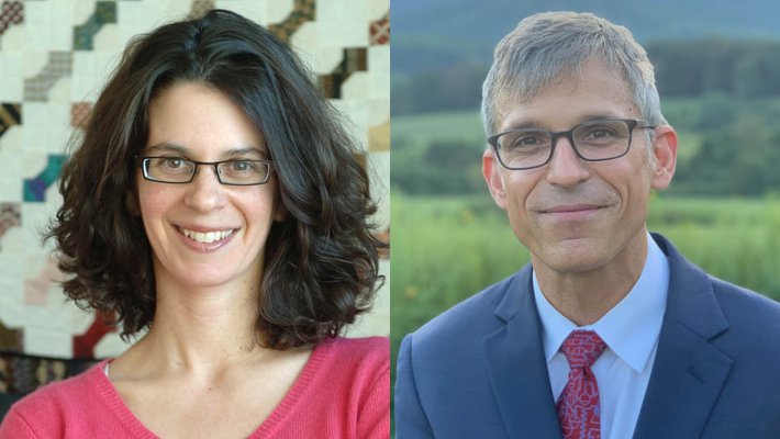 A diptych portrait of Dianne Newman (on the left) and Jonas Peters (on the right).