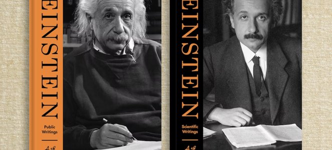 book jackets for the Essential Einstein, scientific writings and public writings. Each volume has a picture of Einstein on the cover.