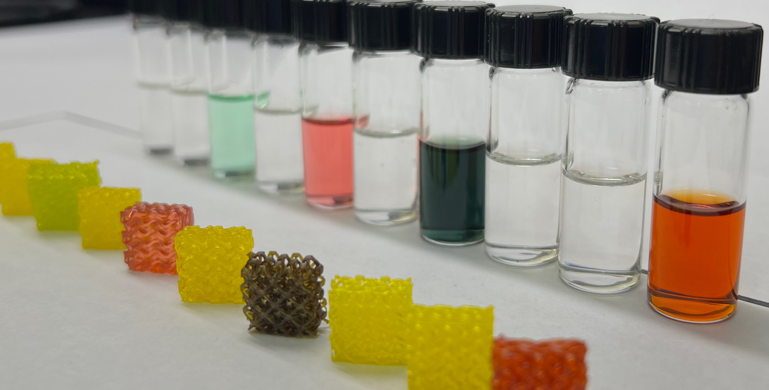 3D structures appear in front of vials containing substances constructed with those structures.