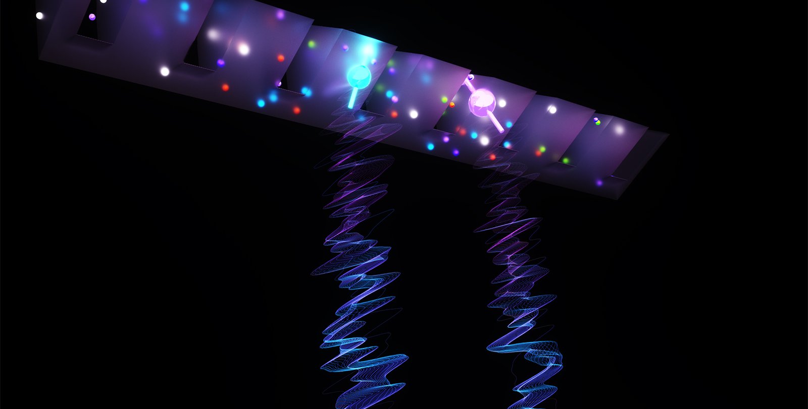 An artistic representation of a multiplexed quantum network showing qubits glowing in beams on two sides with squiggles representing entanglement in the middle