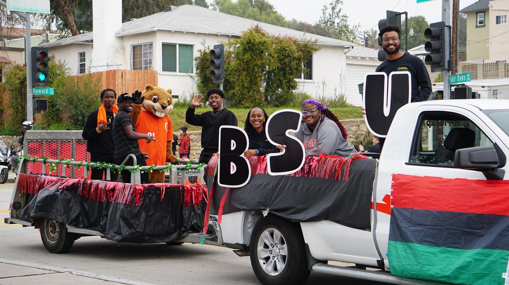 Caltech students and staff alongside their float in the Pasadena Black History Month parade