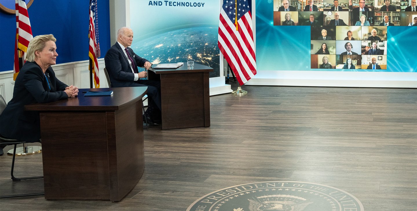 Frances Arnold at a PCAST meeting seated near President Joe Biden.